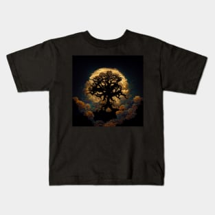 Large old oak tree at night surrounded by glowing magic mushrooms on the ground and a full moon in the sky with fractal clouds Kids T-Shirt